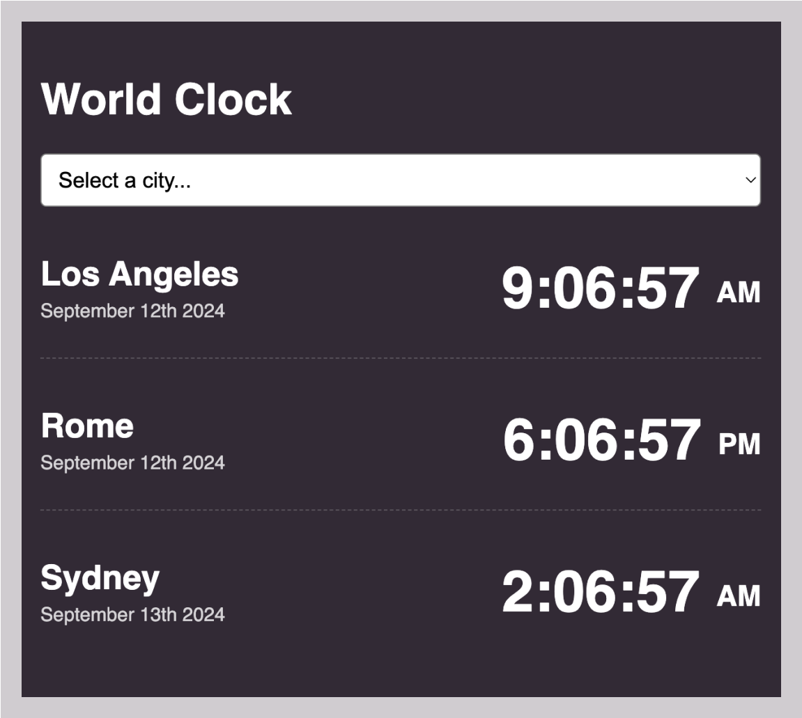 A preview of a dark background world clock with three cities across the world on permanent display and a search function for your target city.